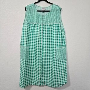 Cozee Corner Vintage 2X Gingham Green Sleeveless House Dress Pockets Cottagecore